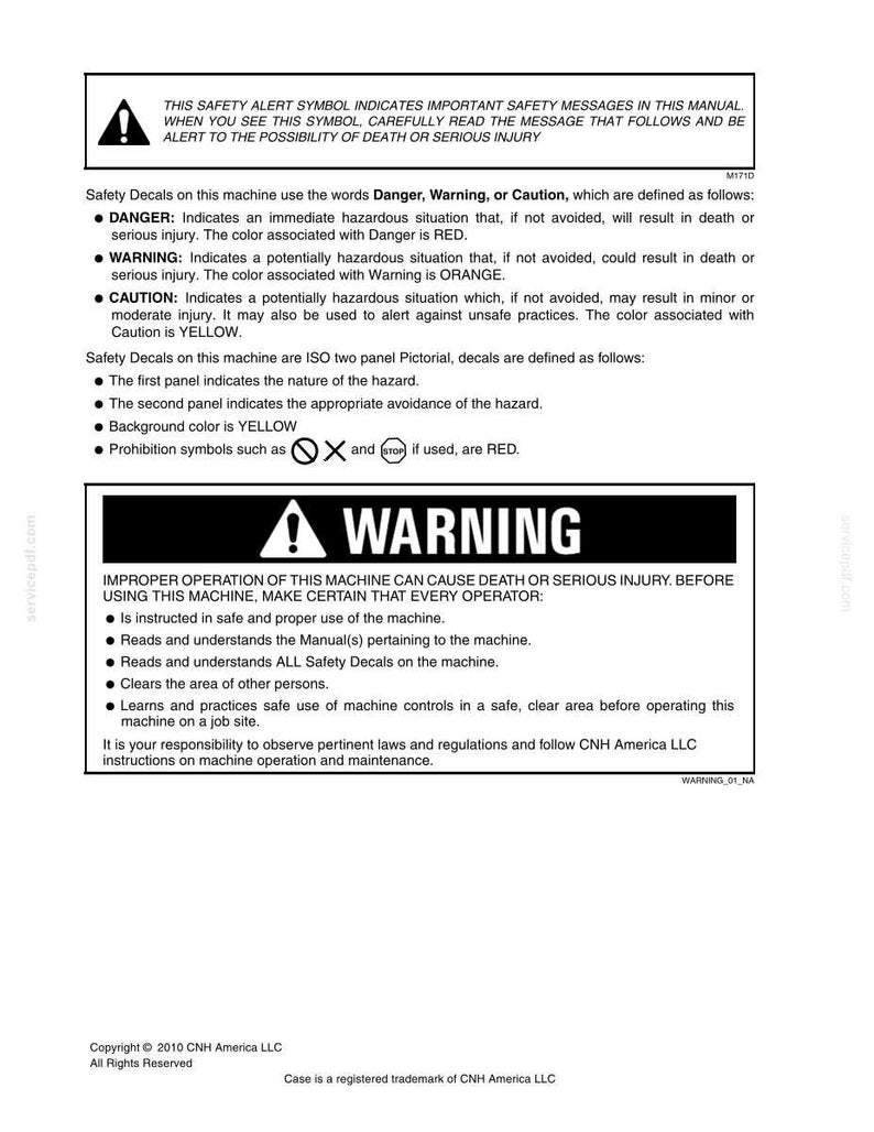 May include: A safety manual page with a warning symbol and text. The text explains safety decals, including "Danger," "Warning," and "Caution," with associated colors. It details operator instructions and responsibilities for safe machine use.