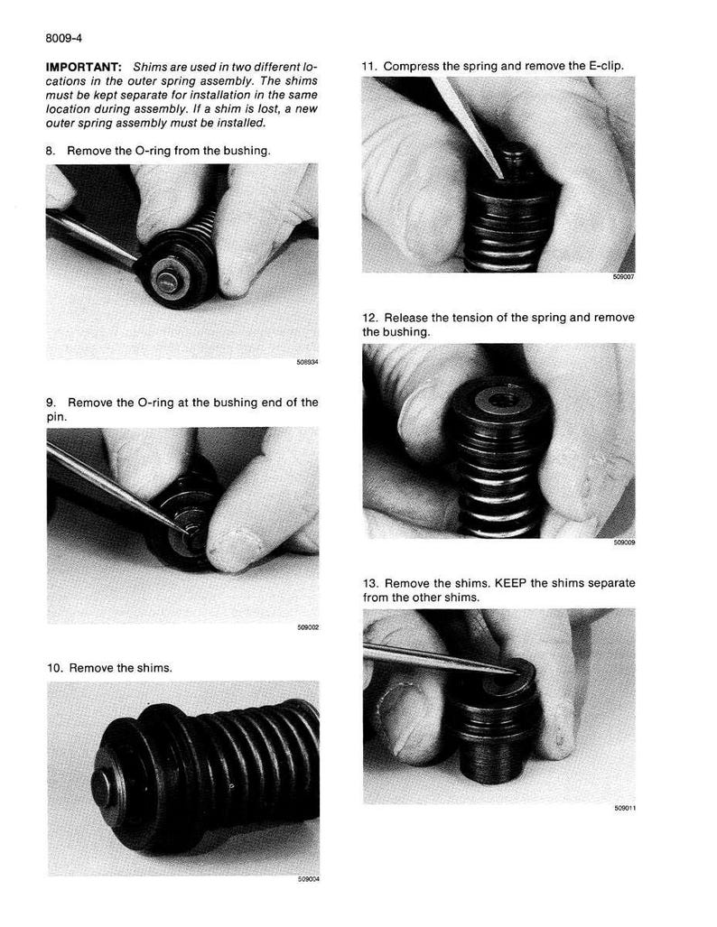 May include: Black and white instructional diagram with text detailing the removal of parts from a mechanical assembly. The steps include removing O-rings, compressing springs, and removing shims. The image is a technical illustration.