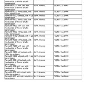 May include: A table of product and engine specifications. The table includes product names like "Farmall 100C" and engine codes such as "F5GFL413A*B007". The market product is listed as North America.