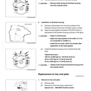 May include: Diagram of engine mechanical components, detailing the replacement of the flywheel housing and rear end plate. Includes instructions for removing and installing parts, with torque specifications in lbf&middot;ft and measurements in inches.