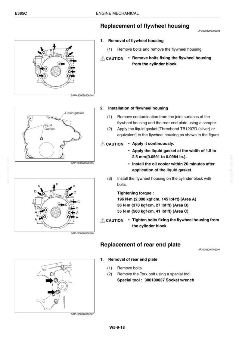 May include: Diagram of engine mechanical components, detailing the replacement of the flywheel housing and rear end plate. Includes instructions for removing and installing parts, with torque specifications in lbf&middot;ft and measurements in inches.