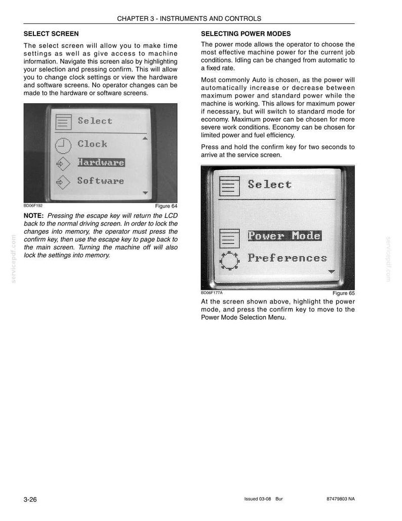 May include: An instruction manual page showing screenshots of a screen with options including "Select," "Clock," "Hardware," and "Software." The page is titled "Chapter 3 - Instruments and Controls."