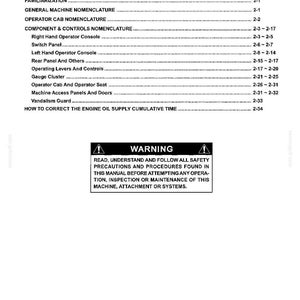 May include: A black and white technical manual page titled Section II - MACHINE FAMILIARIZATION. It features a table of contents listing topics like operator cab nomenclature, controls, and a warning box advising to read safety precautions before operation.