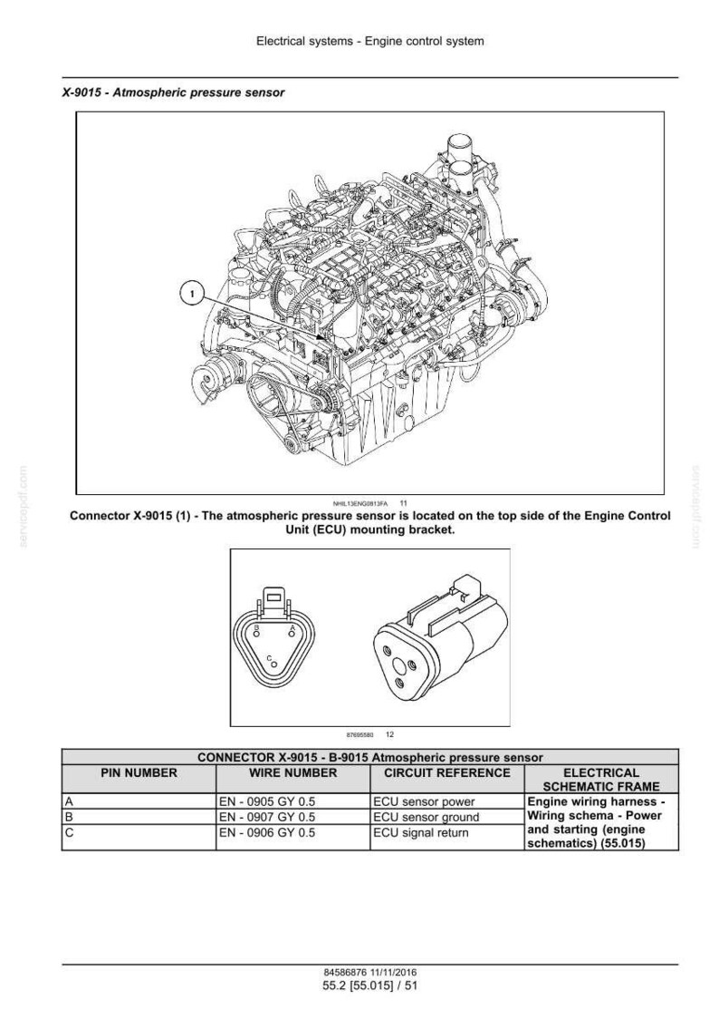May include: Diagram of an engine control system, featuring an atmospheric pressure sensor. The image includes detailed schematics, wiring diagrams, and component illustrations. Text labels identify parts and their functions, providing technical information.