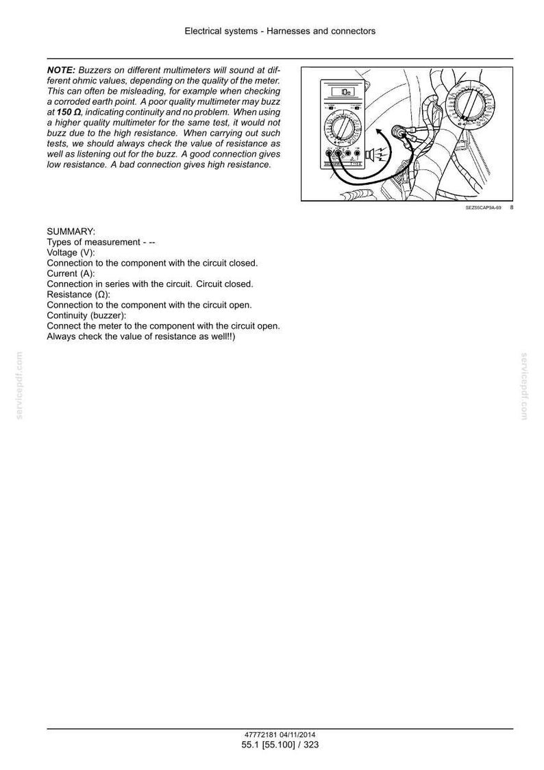 May include: Diagram of electrical system components with a multimeter. The image includes text explaining how to use a multimeter to measure voltage, current, resistance, and continuity. The text also provides notes on interpreting readings.