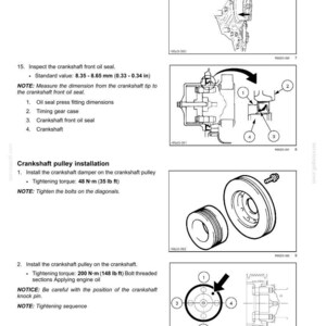 May include: Diagram of engine components, including a crankshaft, flywheel, and pulley. Instructions detail tightening torque specifications: 48 N&middot;m (35 lb ft) and 200 N&middot;m (148 lb ft). Measurements are provided in inches and millimeters.
