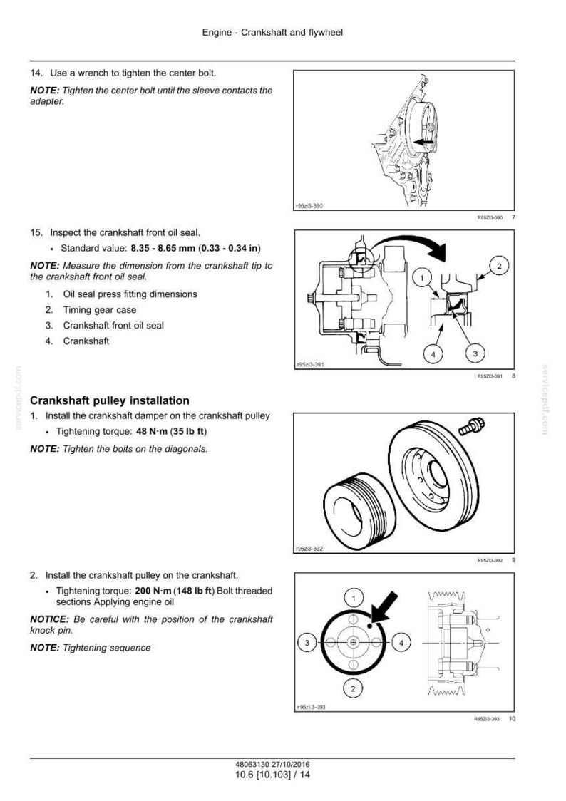 May include: Diagram of engine components, including a crankshaft, flywheel, and pulley. Instructions detail tightening torque specifications: 48 N&middot;m (35 lb ft) and 200 N&middot;m (148 lb ft). Measurements are provided in inches and millimeters.