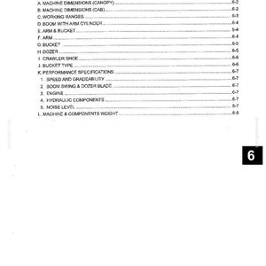 Op de afbeelding: Een zwart-wit technische documentpagina getiteld SPECIFICATIONS Table of Contents. Het bevat secties 6.1 General Specifications tot en met L. Machine & Components Weight met bijbehorende paginanummers van 6-2 tot 6-8, eindigend met pagina 6-1.