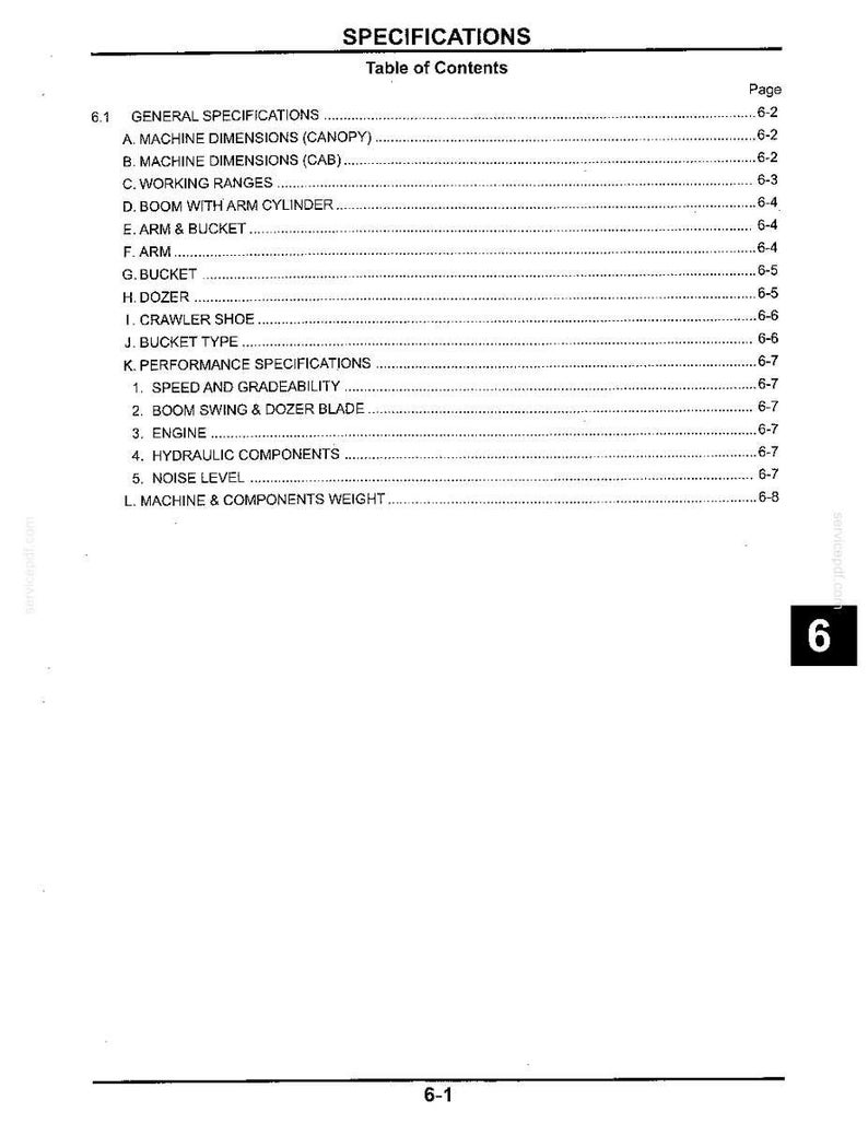 Op de afbeelding: Een zwart-wit technische documentpagina getiteld SPECIFICATIONS Table of Contents. Het bevat secties 6.1 General Specifications tot en met L. Machine & Components Weight met bijbehorende paginanummers van 6-2 tot 6-8, eindigend met pagina 6-1.