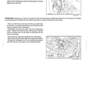 May include: Diagram of an air conditioning system with numbered components and instructions. The image includes close-ups of the system's parts, including a belt, pulleys, and pipes. Text provides guidance on maintenance and repair.
