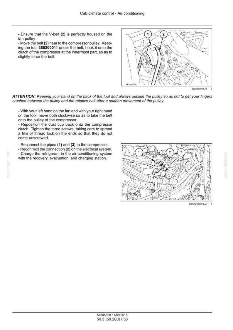 May include: Diagram of an air conditioning system with numbered components and instructions. The image includes close-ups of the system's parts, including a belt, pulleys, and pipes. Text provides guidance on maintenance and repair.