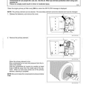 May include: Diagram of an engine primary air filter maintenance procedure. Instructions include removing the cover, removing the primary element, and cleaning with compressed air. Safety warnings are included.