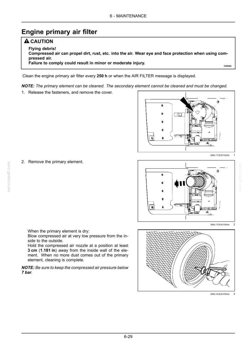 May include: Diagram of an engine primary air filter maintenance procedure. Instructions include removing the cover, removing the primary element, and cleaning with compressed air. Safety warnings are included.