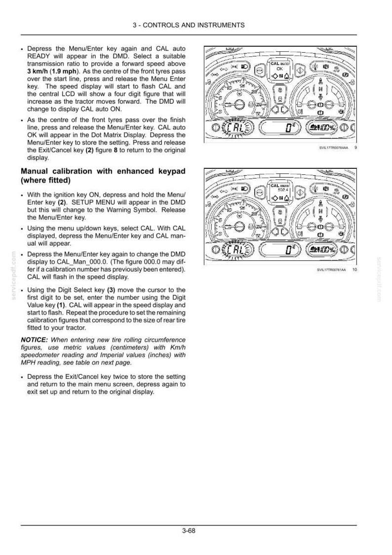 Puede incluir: Una p&aacute;gina de manual t&eacute;cnico titulada 3 - CONTROLS AND INSTRUMENTS con dos dibujos lineales en blanco y negro de la pantalla del salpicadero de un tractor. Los diagramas muestran indicadores circulares, una pantalla digital y iconos.