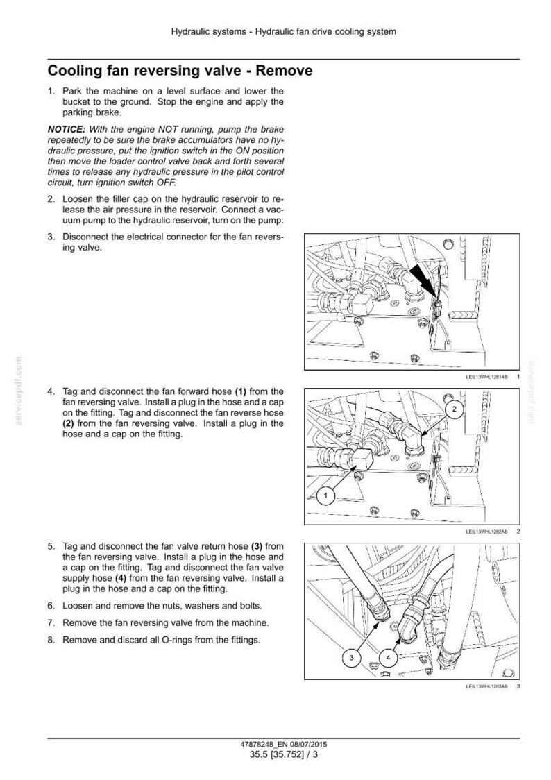 May include: Diagram showing the procedure for removing a cooling fan reversing valve in a hydraulic system. The image features numbered steps, illustrations of components, and safety warnings. Measurements are in mm.