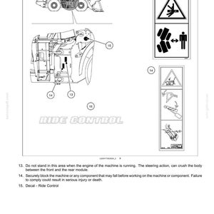 May include: Diagram of a heavy machine with safety information. Includes illustrations of potential hazards and warnings. Text includes "RIDE CONTROL" and safety instructions.