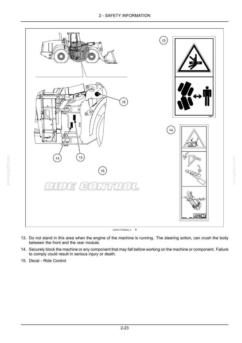 May include: Diagram of a heavy machine with safety information. Includes illustrations of potential hazards and warnings. Text includes "RIDE CONTROL" and safety instructions.
