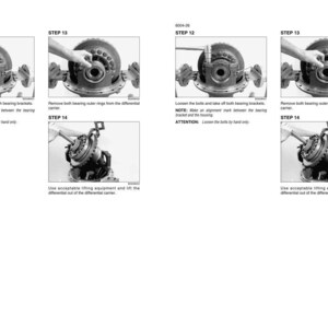 May include: A technical manual page featuring black and white diagrams labeled 6004-26, illustrating steps 12, 13, and 14 for differential maintenance. The images show mechanical components, bearing brackets, and outer rings being removed with tools.