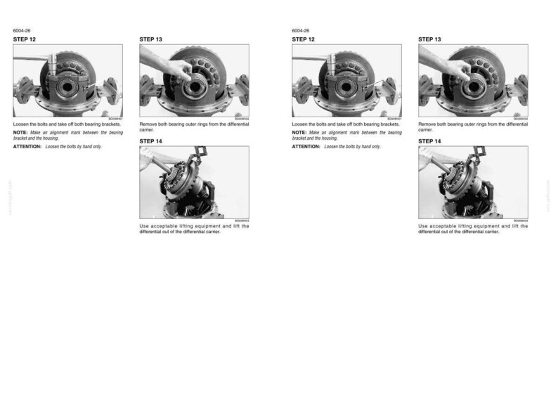 May include: A technical manual page featuring black and white diagrams labeled 6004-26, illustrating steps 12, 13, and 14 for differential maintenance. The images show mechanical components, bearing brackets, and outer rings being removed with tools.