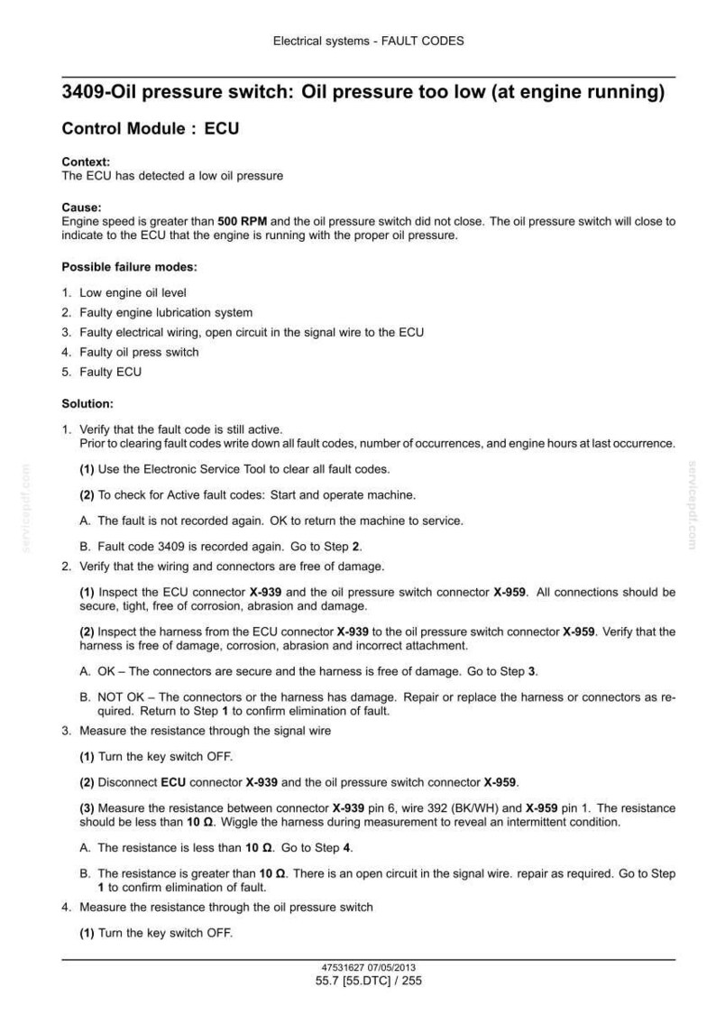 May include: A technical document page titled Electrical systems - FAULT CODES 3409-Oil pressure switch: Oil pressure too low. It lists the control module, context, causes, and a detailed four-step solution process for troubleshooting the engine fault.