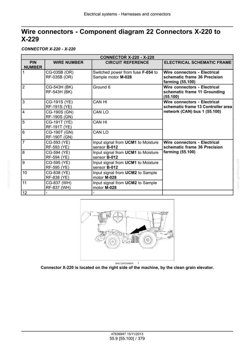 Pu&ograve; includere: Schema dei connettori dei cavi per una macchina X-220, che dettaglia i collegamenti dei componenti e i riferimenti dei circuiti. Include una tabella con numeri di pin, numeri di filo e informazioni sullo schema elettrico. &Egrave; presente anche l'illustrazione di una macchina.