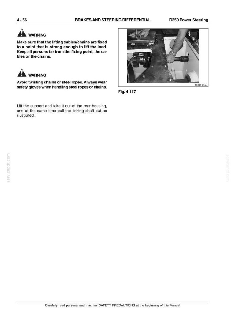 May include: A technical manual page titled BRAKES AND STEERING DIFFERENTIAL D350 Power Steering, featuring a black and white photograph labeled Fig. 4-117 showing a mechanical assembly, with safety warnings about lifting cables and steel ropes.