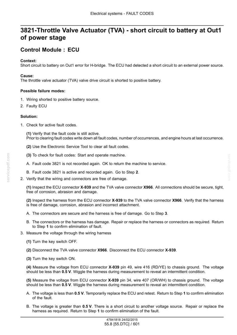 Puede incluir: Documento t&eacute;cnico con c&oacute;digos de fallo para un sistema el&eacute;ctrico, centrado en el Actuador de la V&aacute;lvula de Mariposa (TVA) 3821. Incluye procedimientos de diagn&oacute;stico, como la verificaci&oacute;n del cableado, conectores y voltaje, para solucionar cortocircuitos.