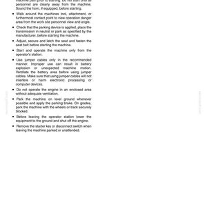 May include: A page from a manual with the title "CHAPTER 2 - SAFETY AND SAFETY DECALS". The text lists safety precautions for starting and stopping machinery, including warnings about personnel, horn use, and parking procedures.