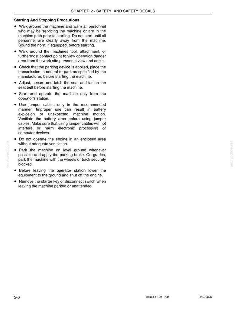 May include: A page from a manual with the title "CHAPTER 2 - SAFETY AND SAFETY DECALS". The text lists safety precautions for starting and stopping machinery, including warnings about personnel, horn use, and parking procedures.