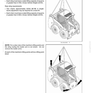 May include: A technical manual page titled 5 - TRANSPORT OPERATIONS for L213 and L216 models. It features two isometric line drawings of a skid steer loader being lifted by slings and chains, with arrows indicating specific lifting points and text.