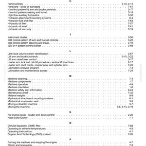 May include: A technical manual index page featuring alphabetical headings from G to R. The text lists various machine maintenance and operation topics, including hydraulic systems, control patterns, safety procedures, and engine components with page numbers.