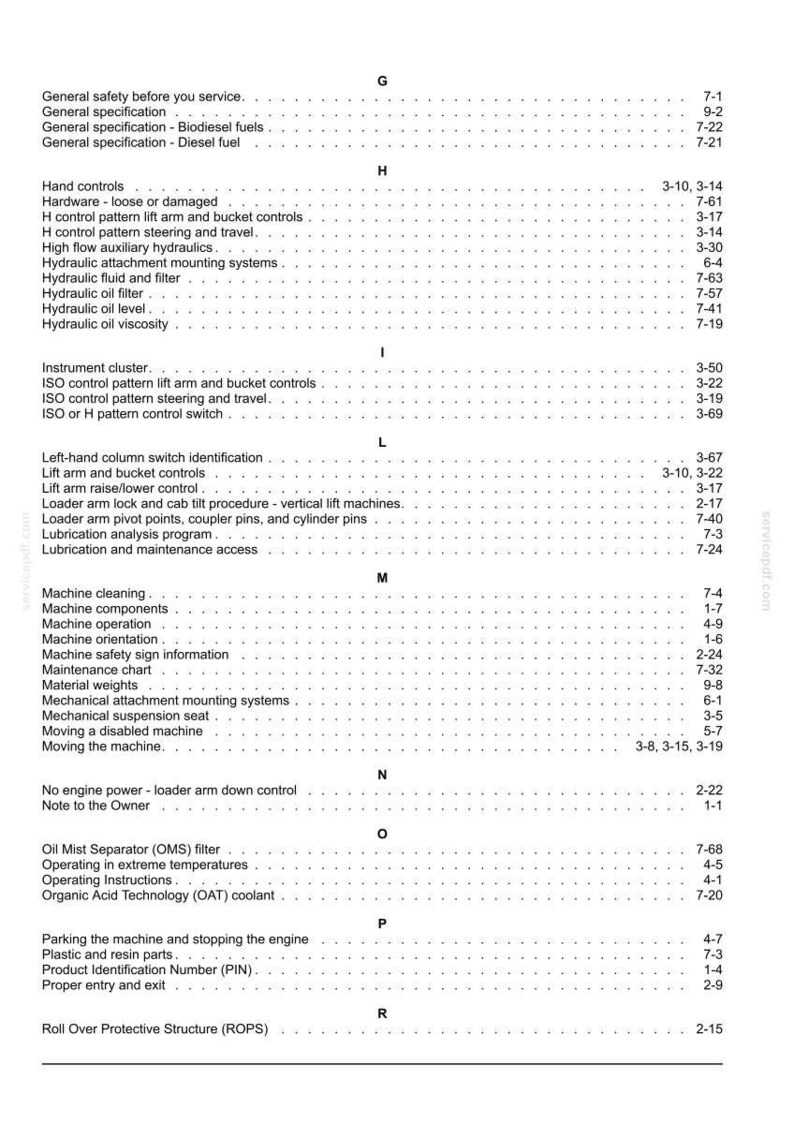 May include: A technical manual index page featuring alphabetical headings from G to R. The text lists various machine maintenance and operation topics, including hydraulic systems, control patterns, safety procedures, and engine components with page numbers.
