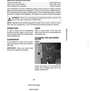 May include: A page from a manual detailing air conditioning maintenance. The text includes service specifications, inspection instructions, and cleaning procedures for the air intake filter. Diagrams show screw locations. The page also includes a warning about servicing the system.