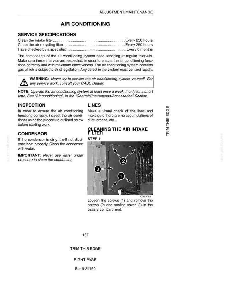 May include: A page from a manual detailing air conditioning maintenance. The text includes service specifications, inspection instructions, and cleaning procedures for the air intake filter. Diagrams show screw locations. The page also includes a warning about servicing the system.