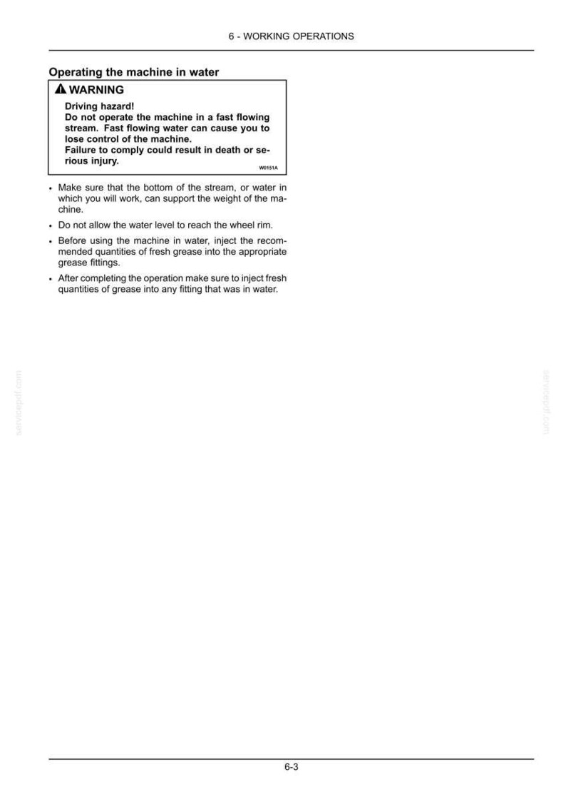 May include: A white page with the title "6 - WORKING OPERATIONS" and instructions for operating a machine in water. The text includes a warning about driving hazards and safety precautions.