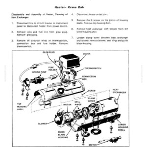 May include: An exploded view diagram of a heater assembly for a Drott Cruz-Crane, with labels for components like the heat exchanger, blower, and thermoswitch. The diagram includes text detailing disassembly and cleaning steps.