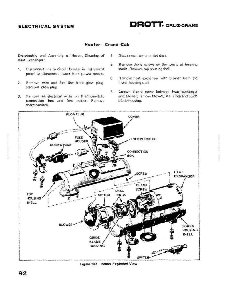 May include: An exploded view diagram of a heater assembly for a Drott Cruz-Crane, with labels for components like the heat exchanger, blower, and thermoswitch. The diagram includes text detailing disassembly and cleaning steps.