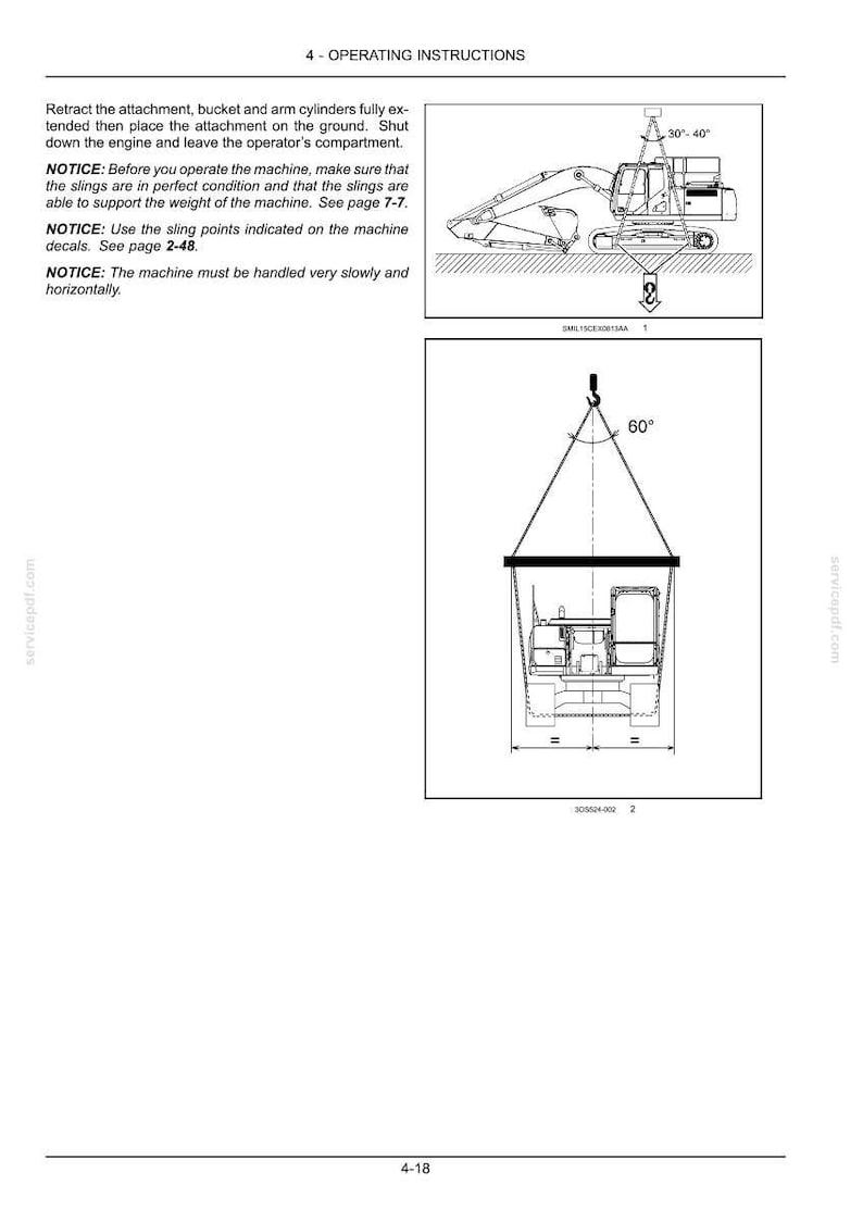 May include: Diagram of operating instructions for a machine, including a side view and a schematic of a lifting procedure. The text includes safety notices and instructions for handling the machine.