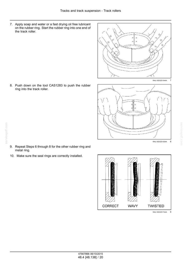 May include: Diagram illustrating the assembly of track rollers, with step-by-step instructions. Includes close-up views of hands working with the components. The diagram also shows the correct and incorrect installation of seal rings.