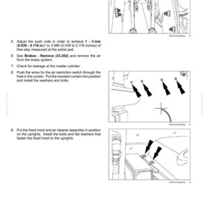 Puede incluir: Diagrama de frenos de servicio hidr&aacute;ulicos con instrucciones. El texto detalla los pasos para ajustar las varillas de empuje, eliminar el aire e instalar los componentes. Medidas en mm y pulgadas.