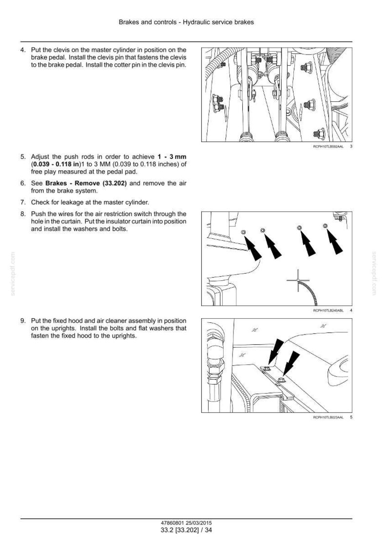 Puede incluir: Diagrama de frenos de servicio hidr&aacute;ulicos con instrucciones. El texto detalla los pasos para ajustar las varillas de empuje, eliminar el aire e instalar los componentes. Medidas en mm y pulgadas.