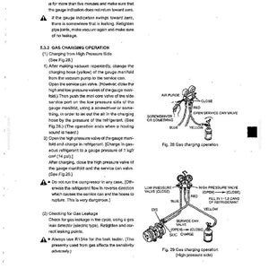 May include: A technical manual page titled 5.3.2 GAS CHARGING OPERATION, featuring black and white diagrams labeled Fig. 28 and Fig. 29. The diagrams illustrate a gauge manifold connected to a refrigerant can and compressor with red, blue, and yellow hoses.
