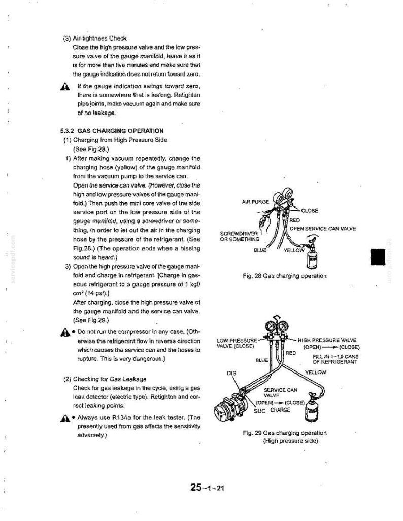 May include: A technical manual page titled 5.3.2 GAS CHARGING OPERATION, featuring black and white diagrams labeled Fig. 28 and Fig. 29. The diagrams illustrate a gauge manifold connected to a refrigerant can and compressor with red, blue, and yellow hoses.