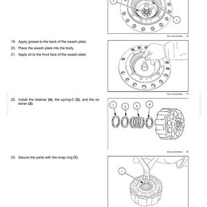 Puede incluir: Una p&aacute;gina de manual t&eacute;cnico titulada Hydraulic systems - Hydraulic travel system, con dibujos lineales en blanco y negro de pasos de montaje mec&aacute;nico. Ilustra la colocaci&oacute;n de rodamientos de bolas, la instalaci&oacute;n de un plato oscilante y la fijaci&oacute;n de un retenedor, un muelle en C y un anillo el&aacute;stico en un componente cil&iacute;ndrico con referencias numeradas.