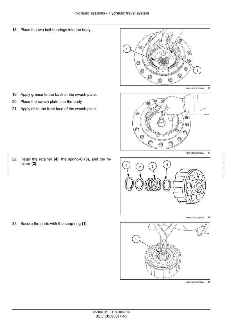 Puede incluir: Una p&aacute;gina de manual t&eacute;cnico titulada Hydraulic systems - Hydraulic travel system, con dibujos lineales en blanco y negro de pasos de montaje mec&aacute;nico. Ilustra la colocaci&oacute;n de rodamientos de bolas, la instalaci&oacute;n de un plato oscilante y la fijaci&oacute;n de un retenedor, un muelle en C y un anillo el&aacute;stico en un componente cil&iacute;ndrico con referencias numeradas.