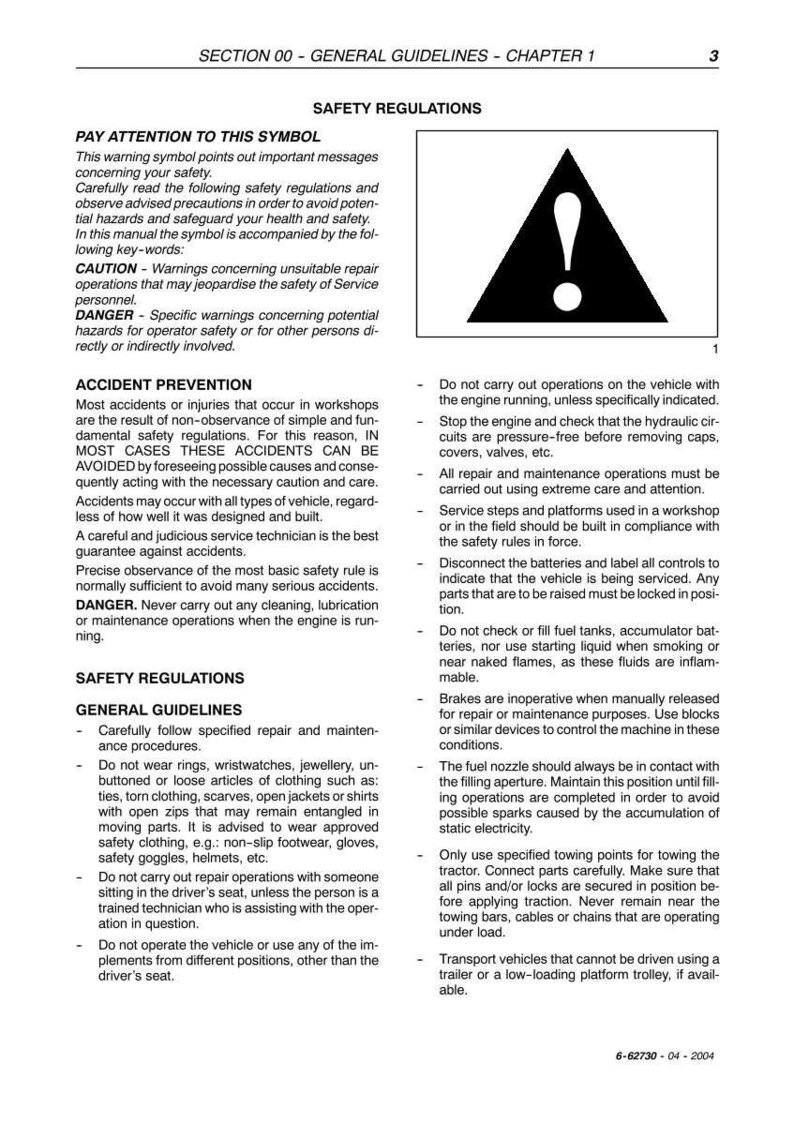 May include: A page from a manual with safety regulations. The top of the page has the title "SAFETY REGULATIONS". A black triangle with an exclamation point inside is shown. Text includes warnings and guidelines.