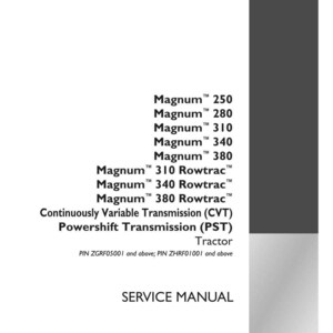 Op de afbeelding: Een witte servicehandleiding met zwarte tekst, met de Magnum tractormodellen 250, 280, 310, 340 en 380, samen met Rowtrac-versies. Bevat details over transmissietypes en een Case IH Agriculture logo.