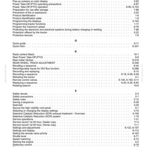 Op de afbeelding: Een pagina uit een index van een technisch handboek met zwarte tekst op een witte achtergrond. De lijst bevat items die beginnen met de letters P, Q, R en S, zoals OAT-koelvloeistof, aftakas, snelkoppeling en veiligheidsstickers.