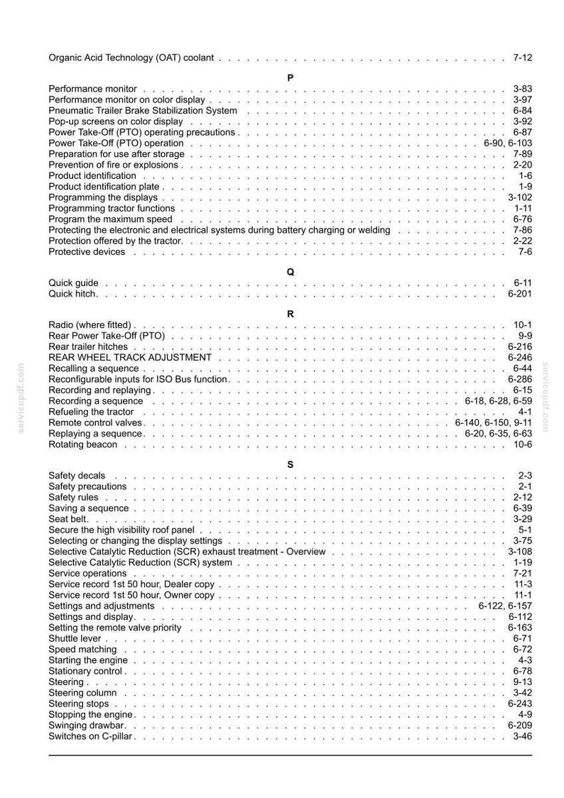 Op de afbeelding: Een pagina uit een index van een technisch handboek met zwarte tekst op een witte achtergrond. De lijst bevat items die beginnen met de letters P, Q, R en S, zoals OAT-koelvloeistof, aftakas, snelkoppeling en veiligheidsstickers.