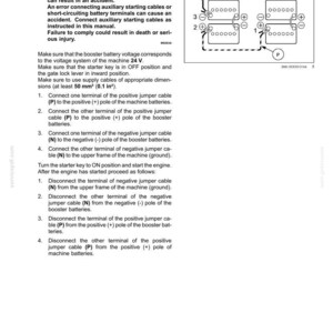 May include: A maintenance manual page showing instructions for starting an engine with booster batteries. The text includes safety warnings and diagrams for connecting jumper cables to the machine and booster batteries.